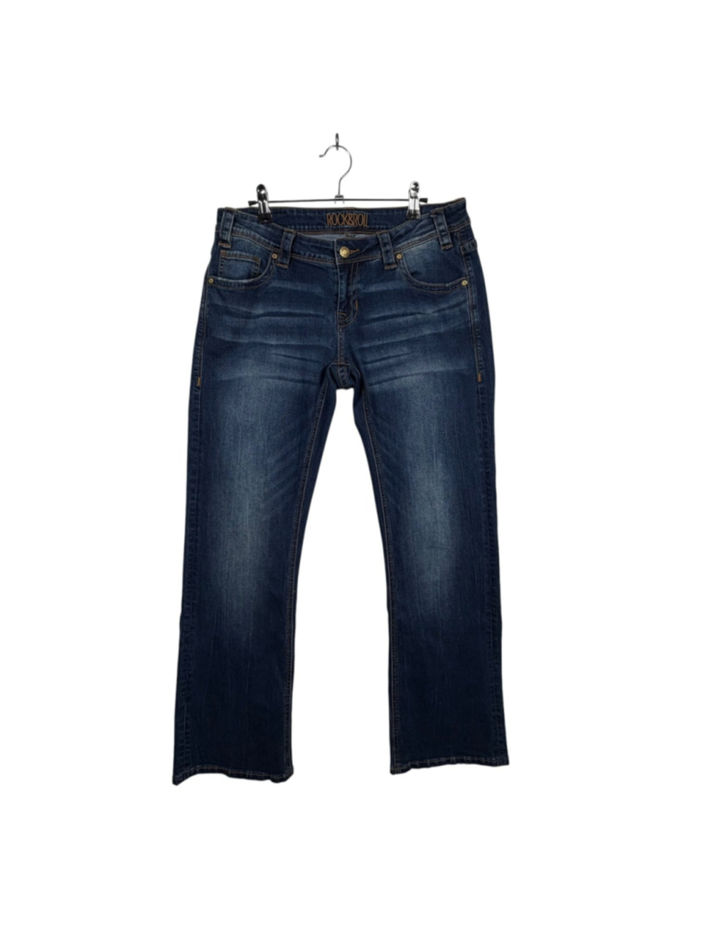 Rock & Roll Cowgirl Riding Boot Cut Jeans Blue Whiskering Western Womens 31x32
